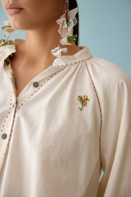 Shop_Nikasha_Cream Poplin Embroidery Collared Raglan Sleeve Shirt _Online_at_Aza_Fashions
