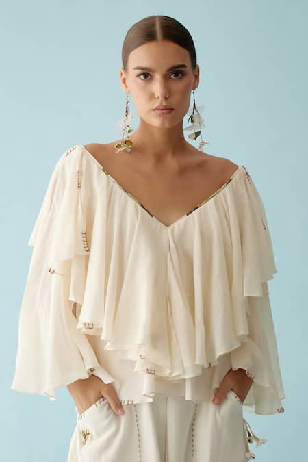 Nikasha_Cream Cotton Applique, Embroidery V-neck Thread Frilled Top _Online_at_Aza_Fashions