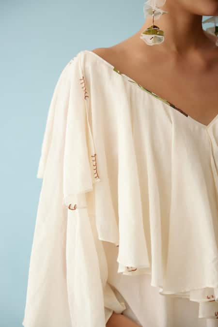 Buy_Nikasha_Cream Cotton Applique, Embroidery V-neck Thread Frilled Top _Online_at_Aza_Fashions