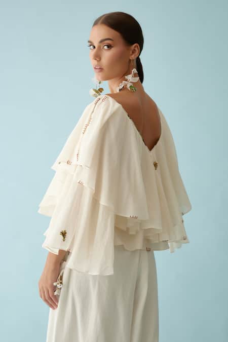 Nikasha_Cream Cotton Applique, Embroidery V-neck Thread Frilled Top _at_Aza_Fashions