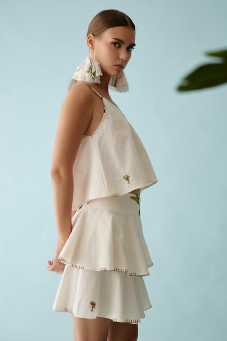 Nikasha_Cream Poplin Embroidery V-neck Cami Crop Top _Online_at_Aza_Fashions