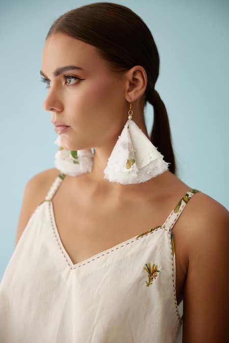 Shop_Nikasha_Cream Poplin Embroidery V-neck Cami Crop Top _Online_at_Aza_Fashions