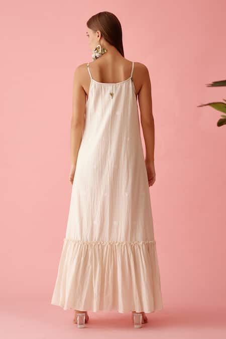 Shop_Nikasha_Cream Handloom Cotton Embroidery V-neck Handwoven Jamdani Slip Dress _at_Aza_Fashions