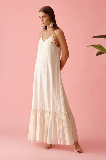 Nikasha_Cream Handloom Cotton Embroidery V-neck Handwoven Jamdani Slip Dress _Online_at_Aza_Fashions