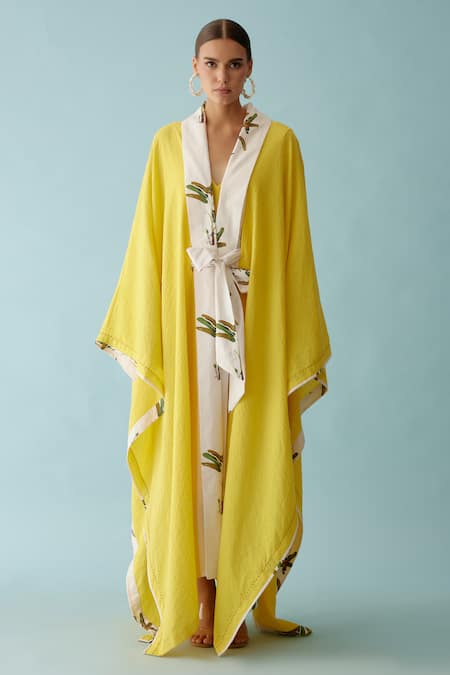 Nikasha Banana Leaf Print Lapel Collar Seersucker Cape 