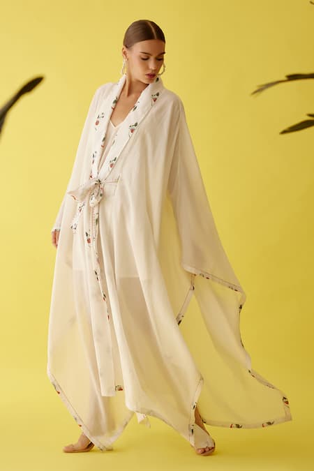 Nikasha_Cream Spicy Chilli Print Lapel Collar Cape _Online_at_Aza_Fashions