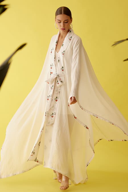 Buy_Nikasha_Cream Spicy Chilli Print Lapel Collar Cape _Online_at_Aza_Fashions