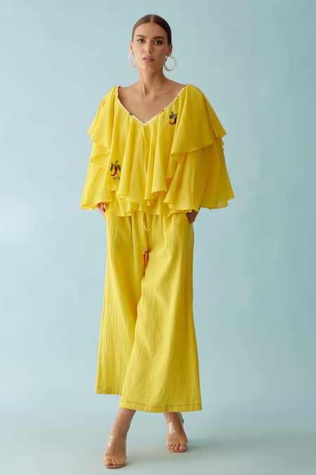 Nikasha Yellow Cheesecloth Plain Embroidered Wide Leg Pant 