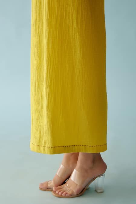 Nikasha_Yellow Embroidery Wide Leg Pant _Online_at_Aza_Fashions