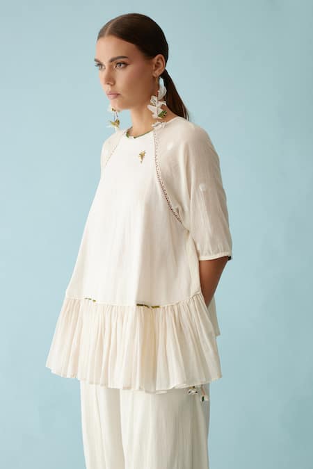 Buy_Nikasha_Cream Handloom , Tassels Round Neck Handwoven High Low Top _Online_at_Aza_Fashions