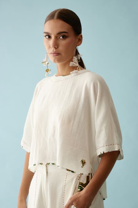 Buy_Nikasha_Off White , Satin Applique Round Neck High Low Crop Top _Online_at_Aza_Fashions