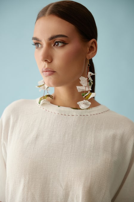 Shop_Nikasha_Off White , Satin Applique Round Neck High Low Crop Top _Online_at_Aza_Fashions