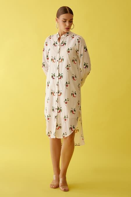 Nikasha_Off White Cotton Embroidery Collared Chilli Print Shirt Dress _Online_at_Aza_Fashions