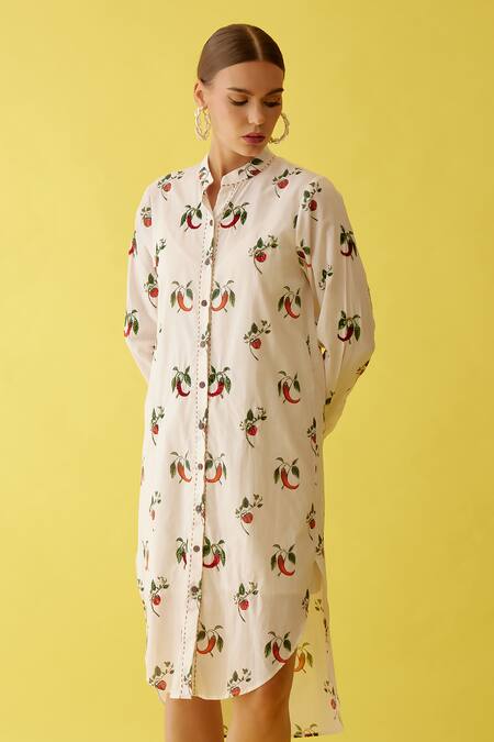 Buy_Nikasha_Off White Cotton Embroidery Collared Chilli Print Shirt Dress _Online_at_Aza_Fashions