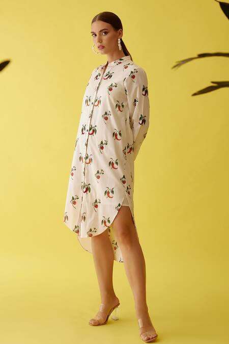Nikasha_Off White Cotton Embroidery Collared Chilli Print Shirt Dress _at_Aza_Fashions