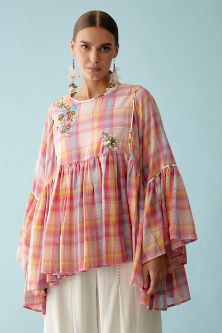 Nikasha_Pink Cotton Fabric Flowers Round Neck Checkered Frilled Top _Online_at_Aza_Fashions