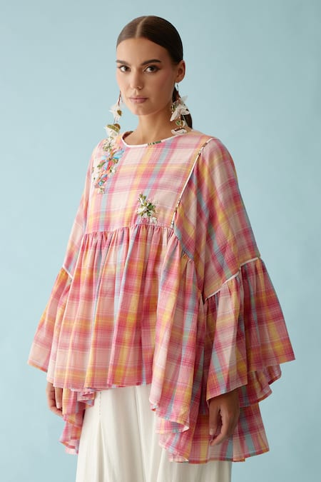 Buy_Nikasha_Pink Cotton Fabric Flowers Round Neck Checkered Frilled Top _Online_at_Aza_Fashions
