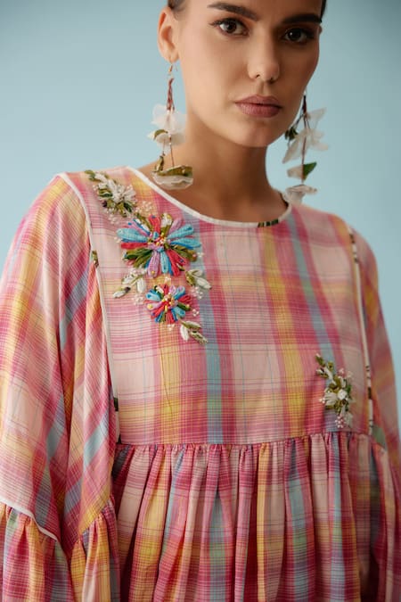 Shop_Nikasha_Pink Cotton Fabric Flowers Round Neck Checkered Frilled Top _Online_at_Aza_Fashions