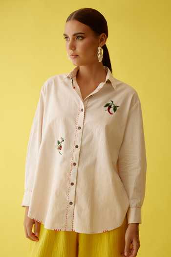 Nikasha_Cream Poplin Embroidery, Sequins Collared And Thread Chilli Applique Shirt _Online_at_Aza_Fashions