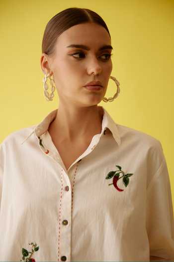 Nikasha_Cream Poplin Embroidery, Sequins Collared And Thread Chilli Applique Shirt _at_Aza_Fashions