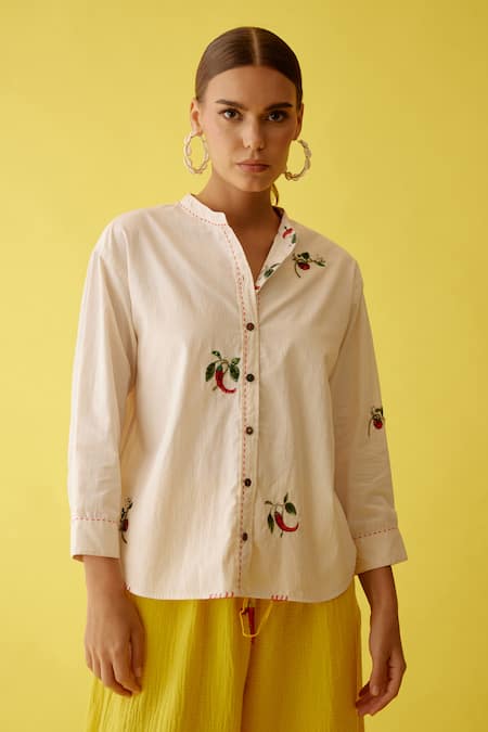 Nikasha_Cream Poplin Applique Collared Chilli Embroidered Top _Online_at_Aza_Fashions