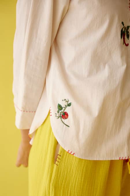 Shop_Nikasha_Cream Poplin Applique Collared Chilli Embroidered Top _Online_at_Aza_Fashions