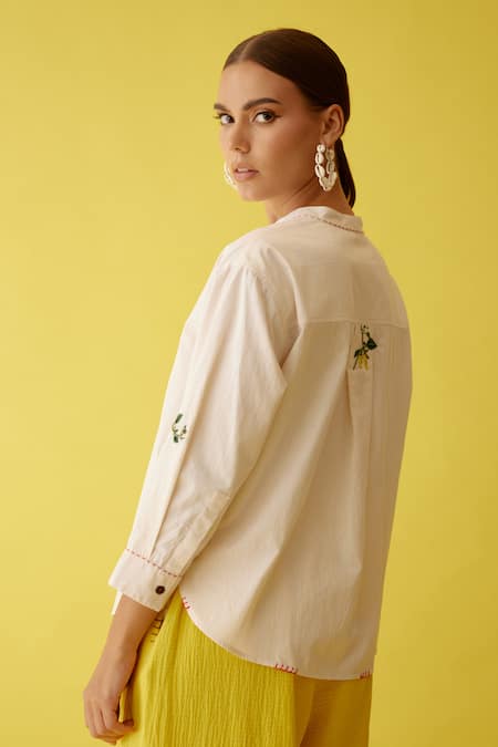 Nikasha_Cream Poplin Applique Collared Chilli Embroidered Top _at_Aza_Fashions