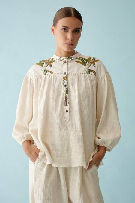 Nikasha Cream Cotton Bandeau Neck Banana Tree Print Top And Pant Set Online at Aza Fashions Nikasha_Cream Cotton Bandeau Neck Banana Tree Print Top And Pant Set _Online_at_Aza_Fashions