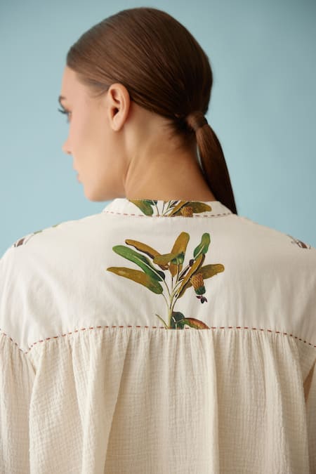 Nikasha Cream Cotton Bandeau Neck Banana Tree Print Top And Pant Set at Aza Fashions Nikasha_Cream Cotton Bandeau Neck Banana Tree Print Top And Pant Set _at_Aza_Fashions