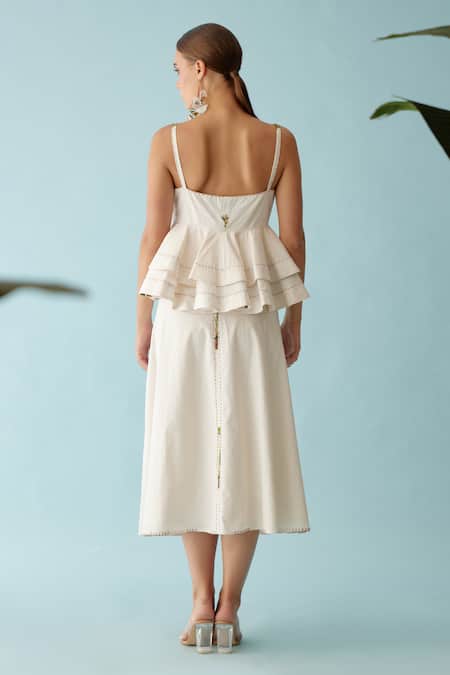 Shop Nikasha Cream Poplin Embroidery, Applique V-neck Banana Tree Top And Skirt Set at Aza Fashions Shop_Nikasha_Cream Poplin Embroidery, Applique V-neck Banana Tree Top And Skirt Set _at_Aza_Fashions