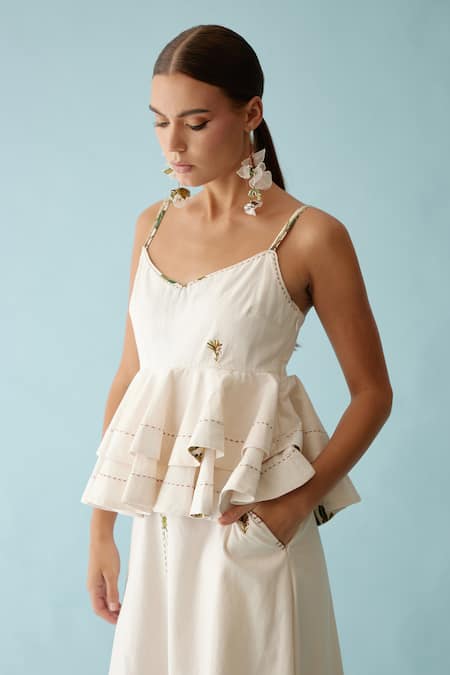 Nikasha Cream Poplin Embroidery, Applique V-neck Banana Tree Top And Skirt Set Online at Aza Fashions Nikasha_Cream Poplin Embroidery, Applique V-neck Banana Tree Top And Skirt Set _Online_at_Aza_Fashions