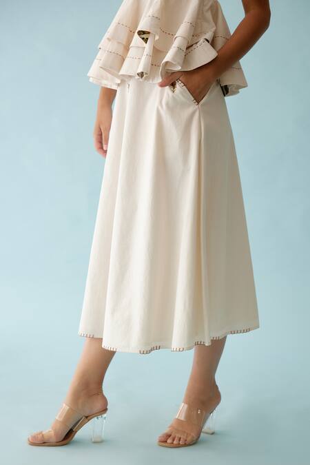 Buy Nikasha Cream Poplin Embroidery, Applique V-neck Banana Tree Top And Skirt Set Online at Aza Fashions Buy_Nikasha_Cream Poplin Embroidery, Applique V-neck Banana Tree Top And Skirt Set _Online_at_Aza_Fashions