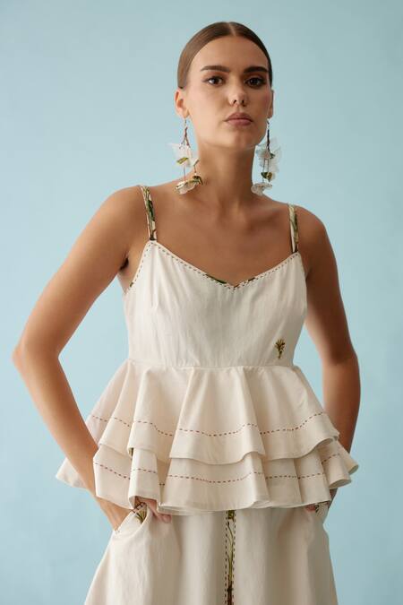 Shop Nikasha Cream Poplin Embroidery, Applique V-neck Banana Tree Top And Skirt Set Online at Aza Fashions Shop_Nikasha_Cream Poplin Embroidery, Applique V-neck Banana Tree Top And Skirt Set _Online_at_Aza_Fashions