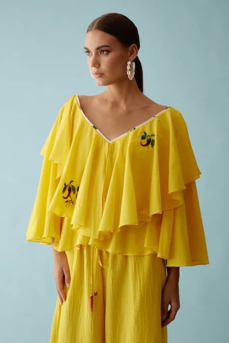 Nikasha_Yellow Cotton Embroidery V-neck Hand Chilies Applique Top And Pant Set _Online_at_Aza_Fashions