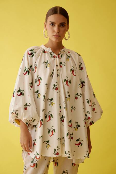 Buy_Nikasha_Off White Poplin Sequins, Embroidery Hand Painted Chili Print Pant Co-ord Set _Online_at_Aza_Fashions