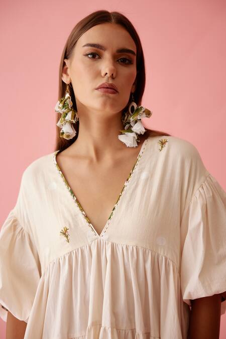Shop_Nikasha_Cream Jersey, Cotton Applique, Embroidery V-neck Solid Bubble Sleeve Tier Dress _Online_at_Aza_Fashions