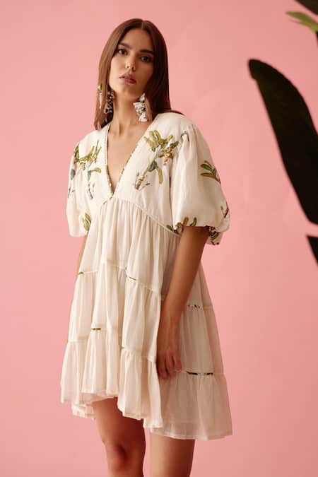 Nikasha_Cream Cotton Sequins, Embroidery Plunge Neck Bubble Sleeves Tier Dress _Online_at_Aza_Fashions