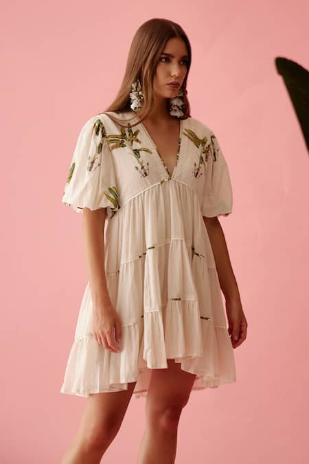 Buy_Nikasha_Cream Cotton Sequins, Embroidery Plunge Neck Bubble Sleeves Tier Dress _Online_at_Aza_Fashions