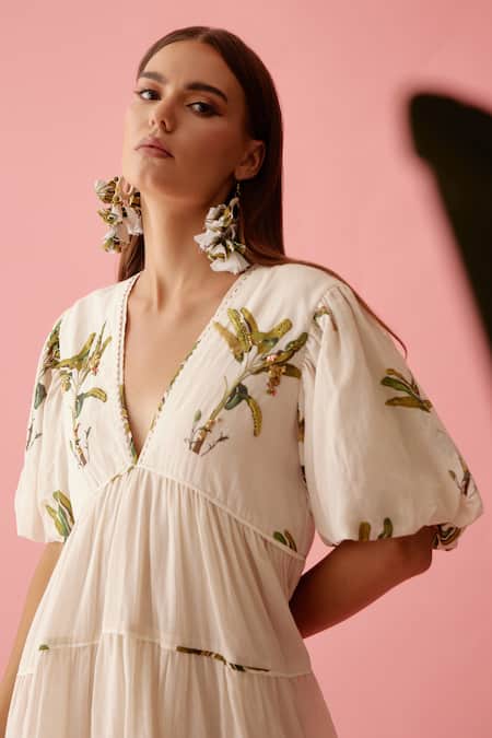 Shop_Nikasha_Cream Cotton Sequins, Embroidery Plunge Neck Bubble Sleeves Tier Dress _Online_at_Aza_Fashions