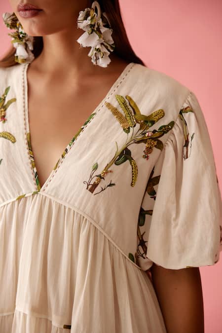 Nikasha_Cream Cotton Sequins, Embroidery Plunge Neck Bubble Sleeves Tier Dress _at_Aza_Fashions