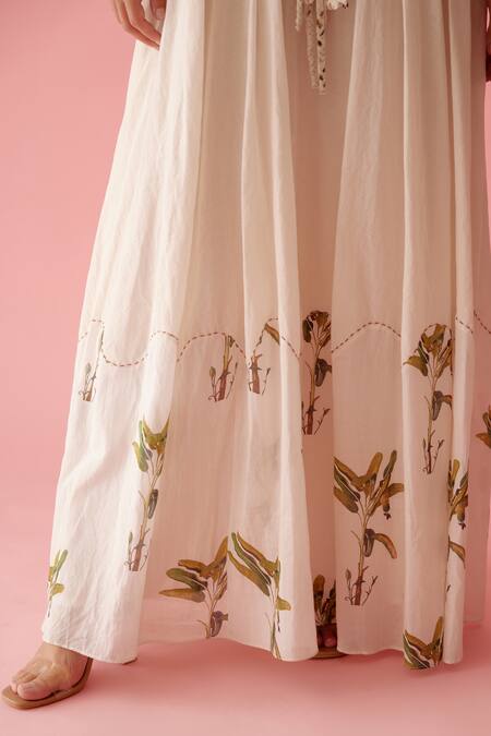 Shop Nikasha Cream Cotton Fabric Flowers V-neck Handwoven Jamdani Bubble Sleeve Dress Online at Aza Fashions Shop_Nikasha_Cream Cotton Fabric Flowers V-neck Handwoven Jamdani Bubble Sleeve Dress _Online_at_Aza_Fashions