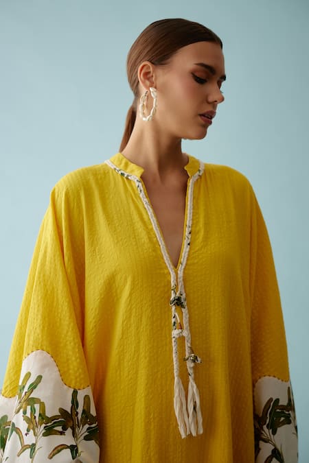Nikasha Yellow , Handloom Bandeau Neck Hand Braided Tassels Kaftan Dress Online at Aza Fashions Nikasha_Yellow , Handloom Bandeau Neck Hand Braided Tassels Kaftan Dress _Online_at_Aza_Fashions