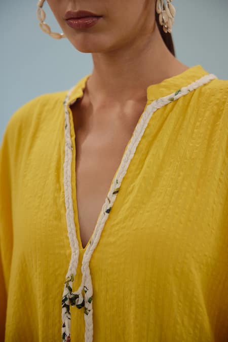 Nikasha Yellow , Handloom Bandeau Neck Hand Braided Tassels Kaftan Dress at Aza Fashions Nikasha_Yellow , Handloom Bandeau Neck Hand Braided Tassels Kaftan Dress _at_Aza_Fashions