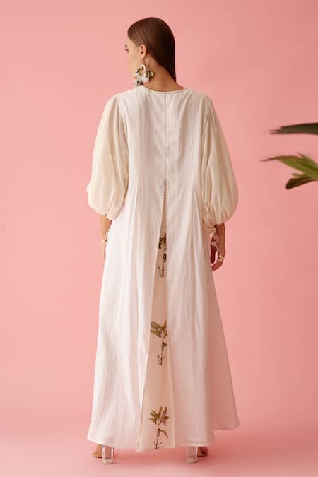Shop Nikasha Cream Muslin V-neck Handwoven Bubble Sleeve A-line Dress at Aza Fashions Shop_Nikasha_Cream Muslin V-neck Handwoven Bubble Sleeve A-line Dress _at_Aza_Fashions