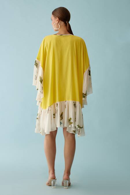 Shop_Nikasha_Yellow Cotton Tassels Round Neck Banana Tree Print Frill Dress _at_Aza_Fashions