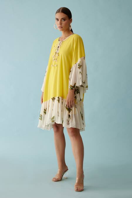 Nikasha_Yellow Cotton Tassels Round Neck Banana Tree Print Frill Dress _Online_at_Aza_Fashions