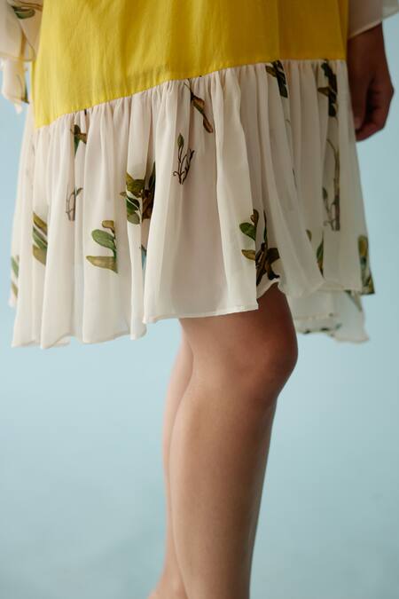 Buy_Nikasha_Yellow Cotton Tassels Round Neck Banana Tree Print Frill Dress _Online_at_Aza_Fashions