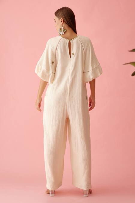 Shop_Nikasha_Cream Cotton Fringe Round Neck Neckline Jumpsuit _at_Aza_Fashions