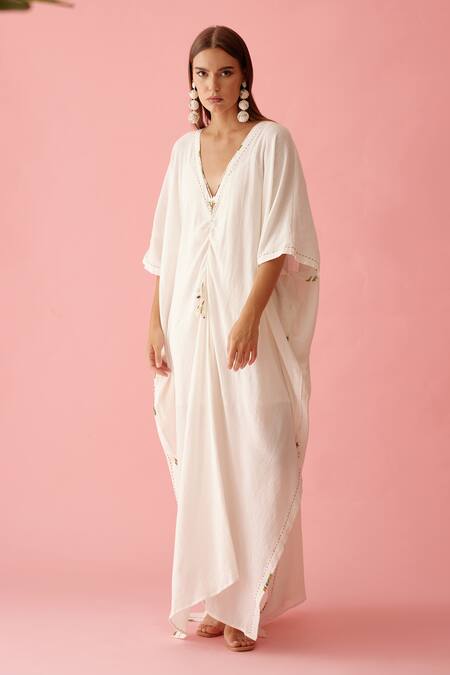Shop_Nikasha_Off White Cotton Tassels V-neck Ruched Yoke Long Kaftan _at_Aza_Fashions