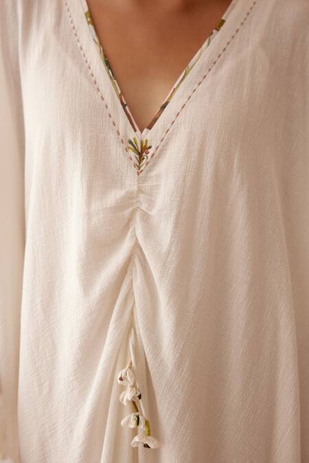 Buy_Nikasha_Off White Cotton Tassels V-neck Ruched Yoke Long Kaftan _Online_at_Aza_Fashions